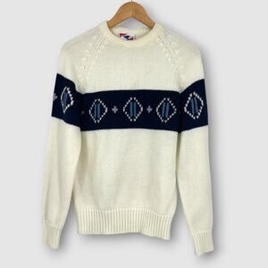 80s Vintage Downhill Ski Sweater White & Navy Blue Geometric Knit Pullover